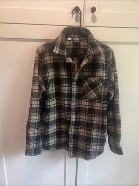 WeSC Oden Black & Tan Plaid Flannel Overshirt Shacket Snap Button Up Men’s L